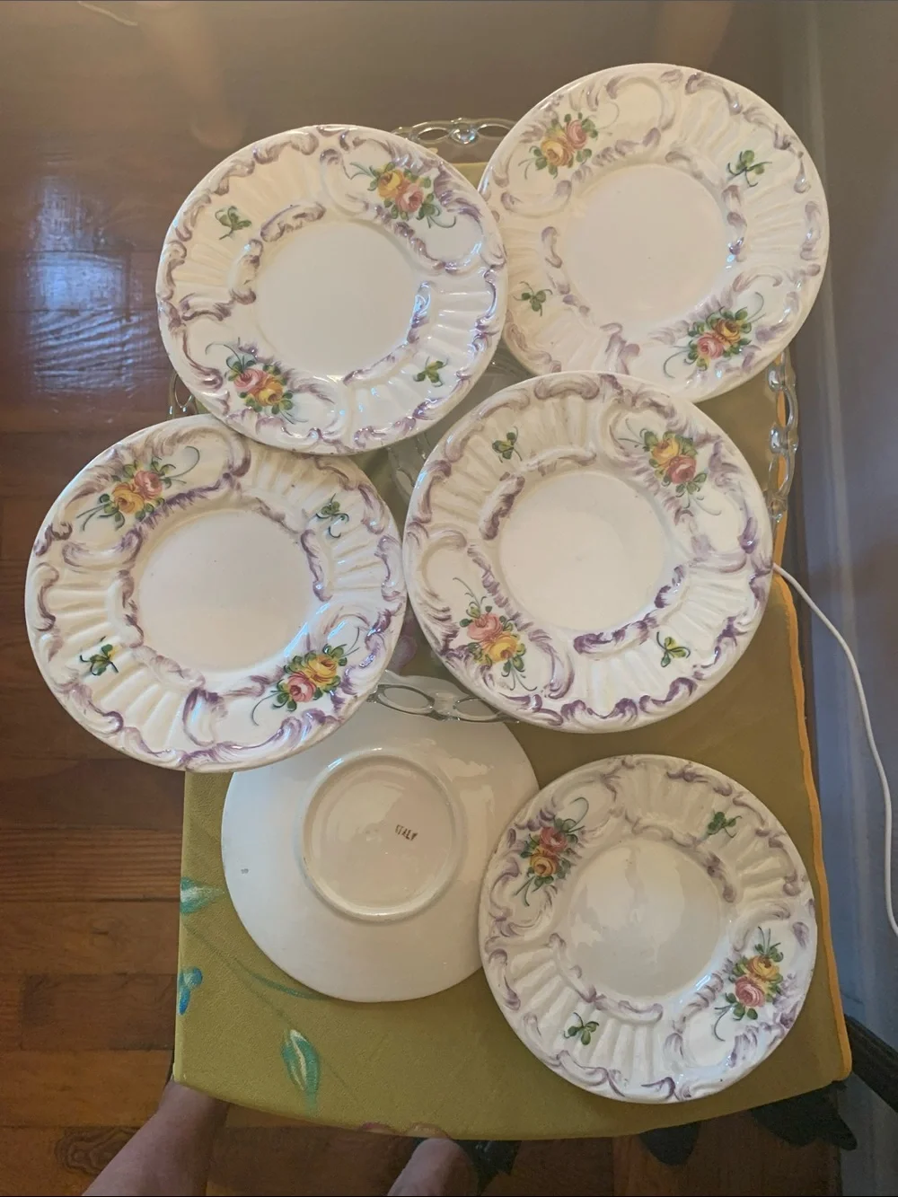 ITALY marked Floral Dessert Plate Set in Purple and Yellow – Old - S/6